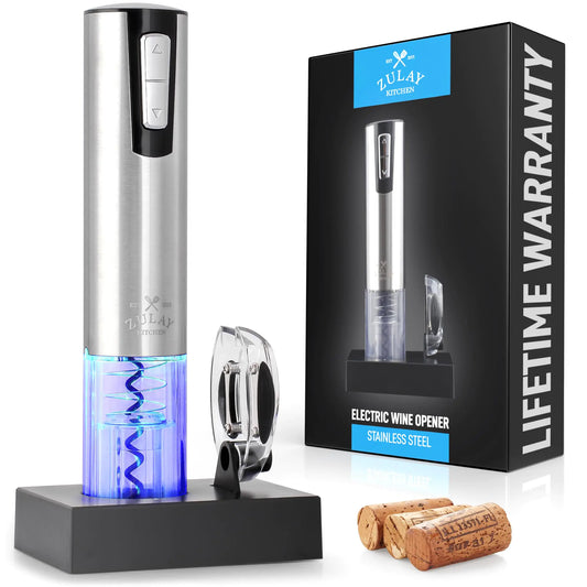 Zulay Kitchen Electric Wine Opener With Charging Base - 2-In-1 Automatic Wine Bottle Opener & Foil Cutter - Rechargeable Wine Opener Electric For Smooth & Fast Uncorking