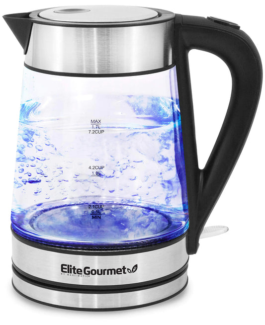 Elite Gourmet EKT602X Glass Electric Tea Kettle Hot Water Heater Boiler BPA-Free with Blue LED Interior Fast Boil and Auto Shut-Off Strix Controller 1.7L Stainless Steel