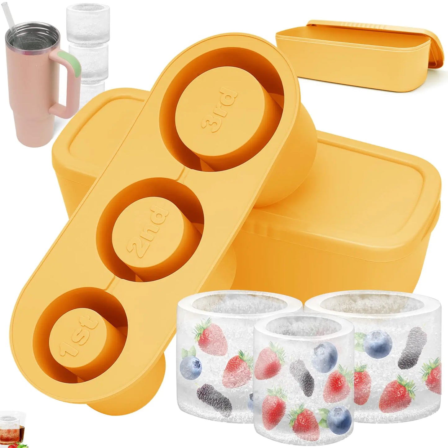 Silicone Ice Cube Tray for Stanley with Lid & Bin Hollow Cylinder Ice Cube Mold for Tumbler Cups 40 oz for Ice Coffee Cocktails Drinks Increase Freezing Time Effect Ice Maker - Yellow