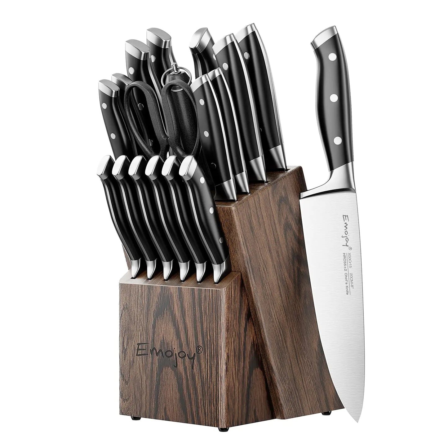 Emojoy Knife Set 18-Piece Kitchen Knife Set with Block Wooden Manual Sharpening for Chef Knife Set German Stainless Steel